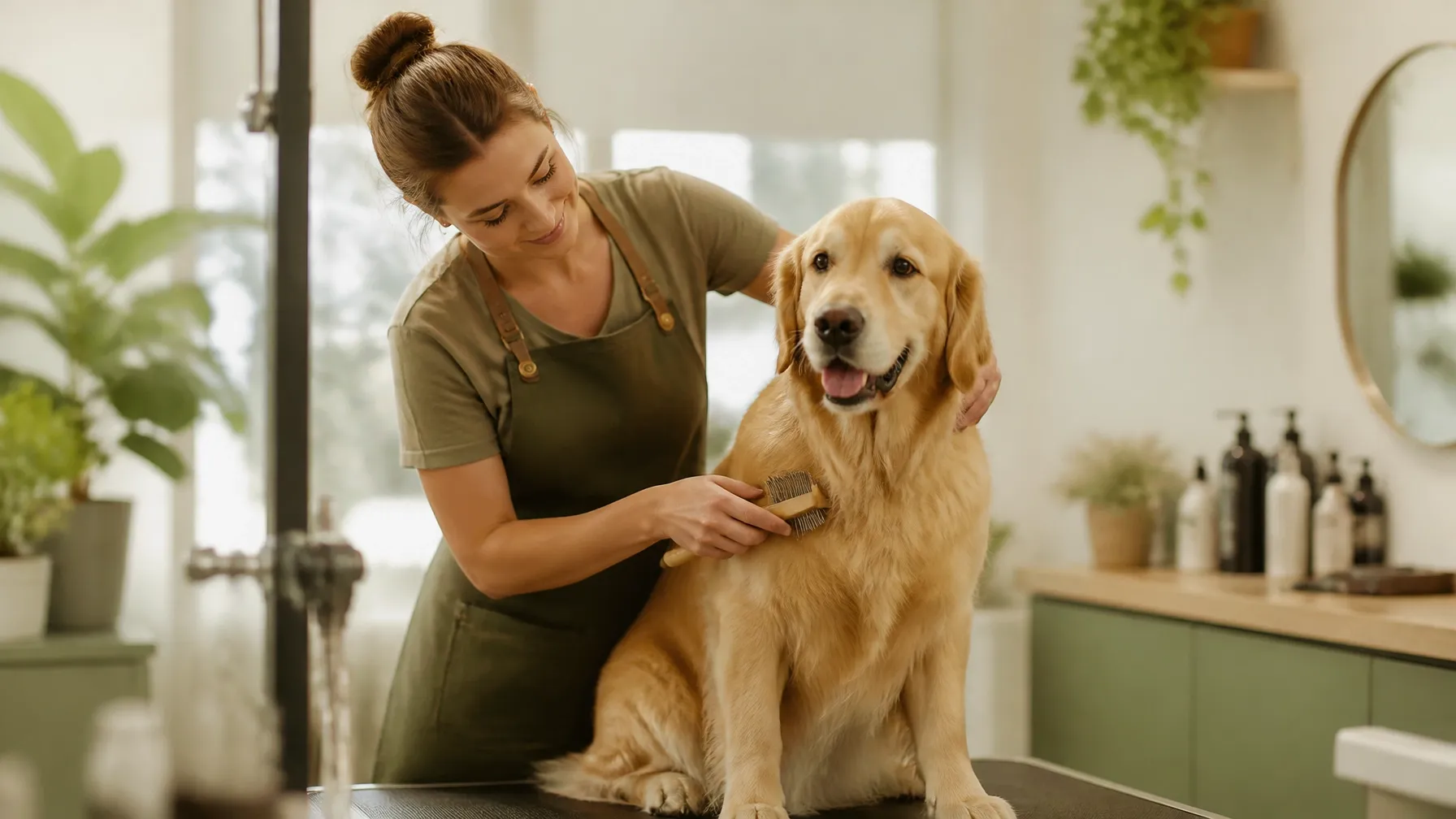 A professional groomer gently brushing a calm dog's coat