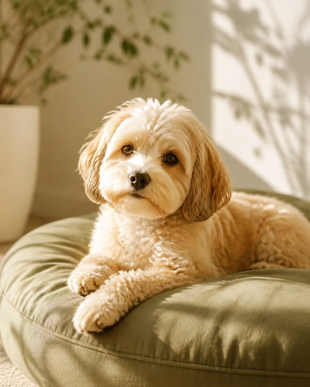A calm, healthy dog resting on a soft cushion in warm daylight