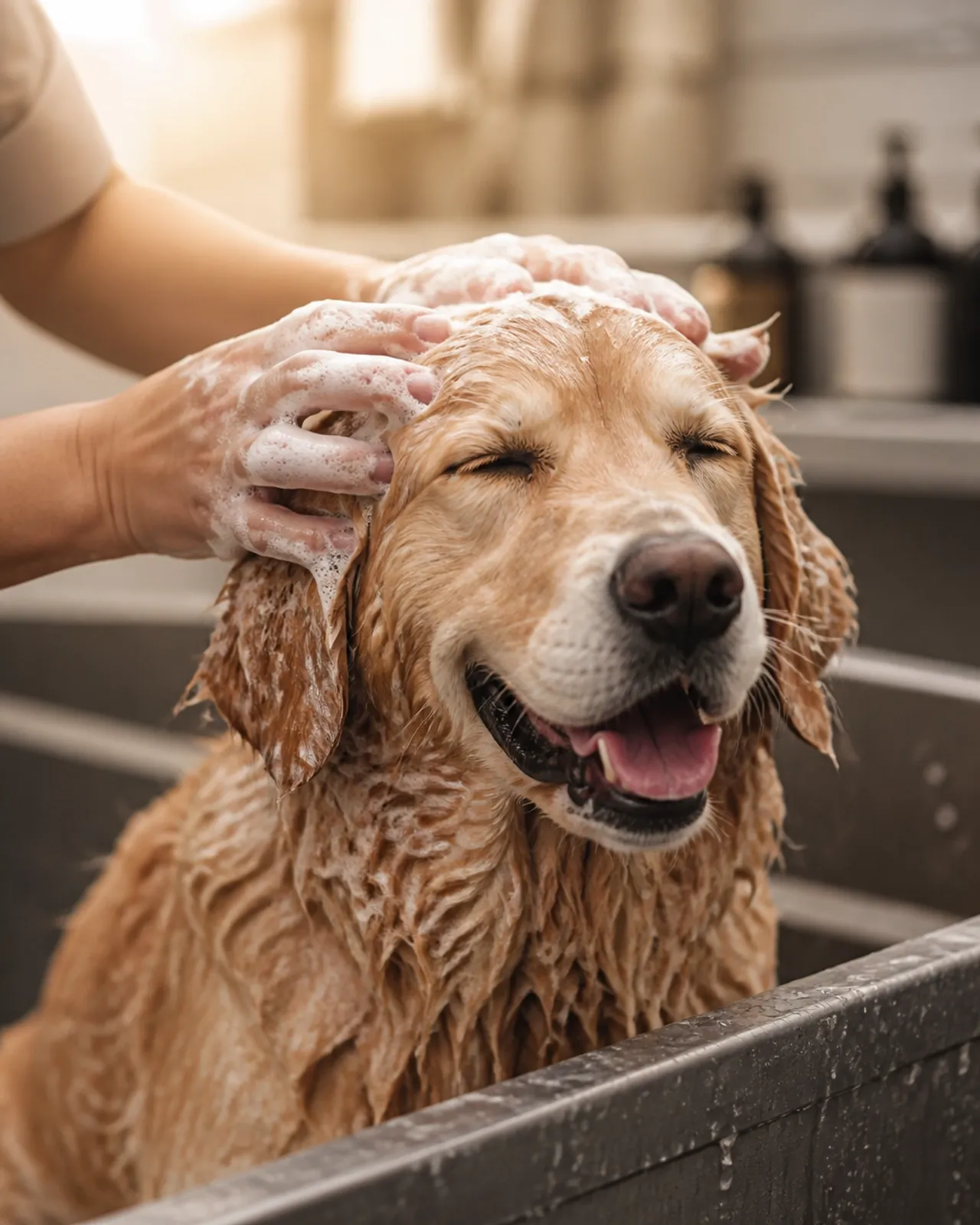 Gentle hands washing a happy dog in an elevated tub